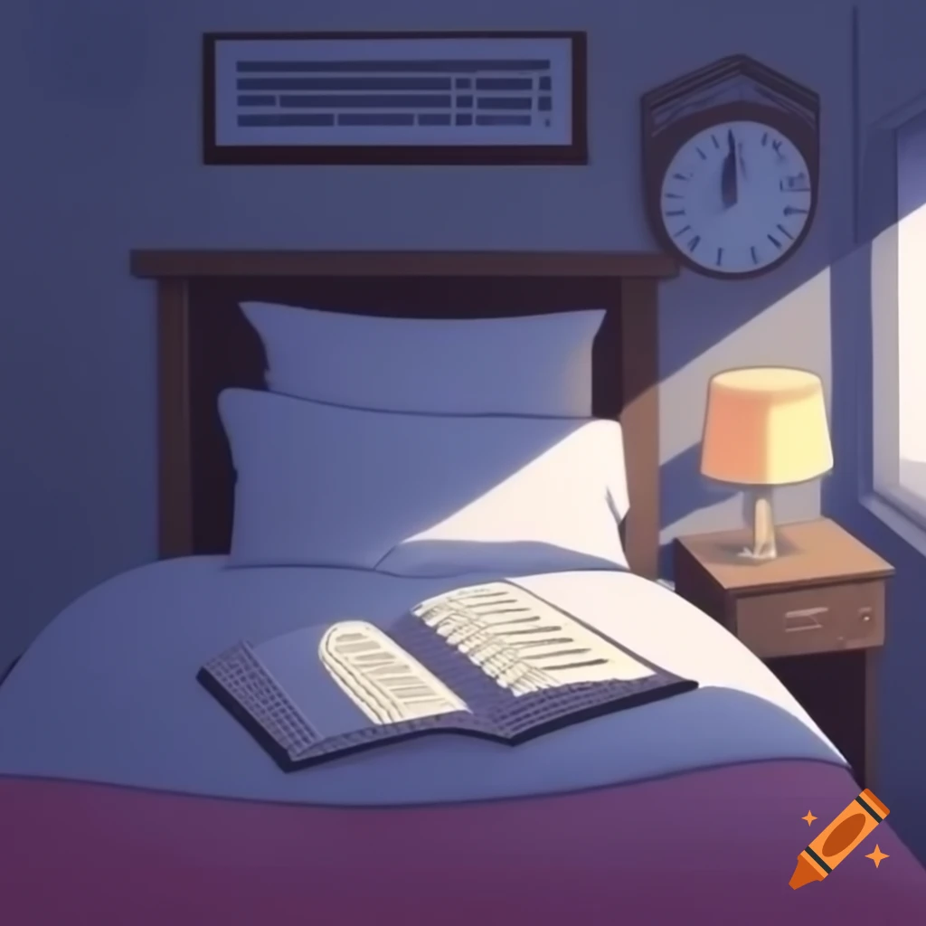 Detailed pencil drawing of a neatly made bed with a book on the pillow in softly lit room