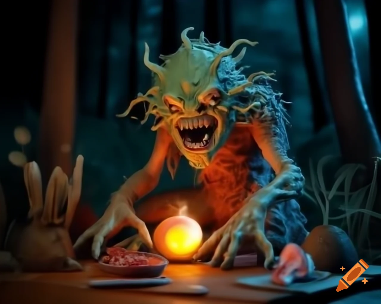 Hyper-realistic 3D tree monster with human-like teeth and fangs in dark woods