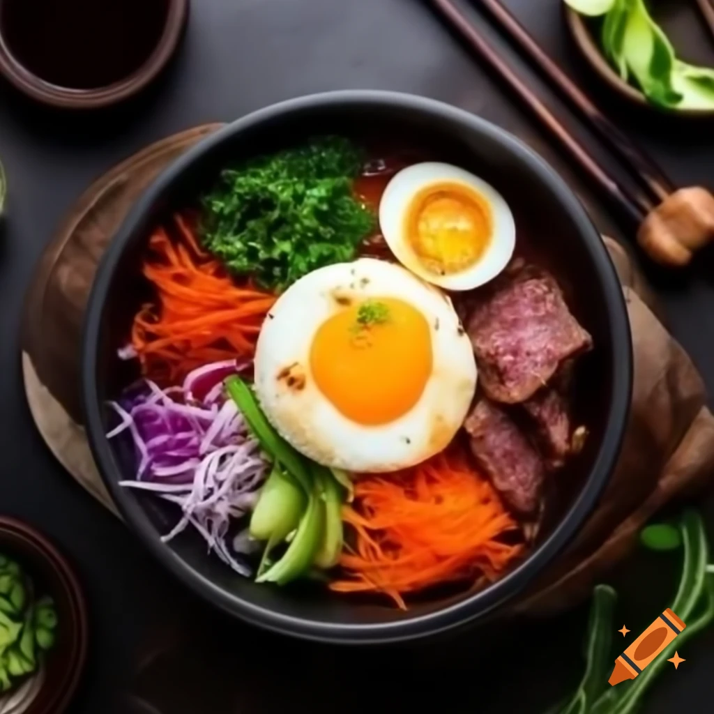 Refined bibimbap with vegetables, marinated beef, egg, and gochujang in hot stone bowl