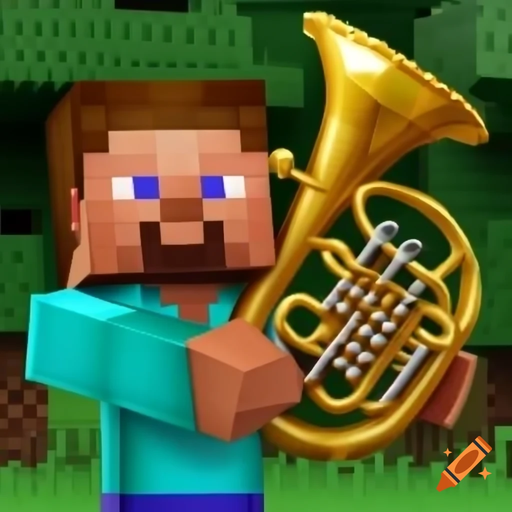 Minecraft character playing a french horn
