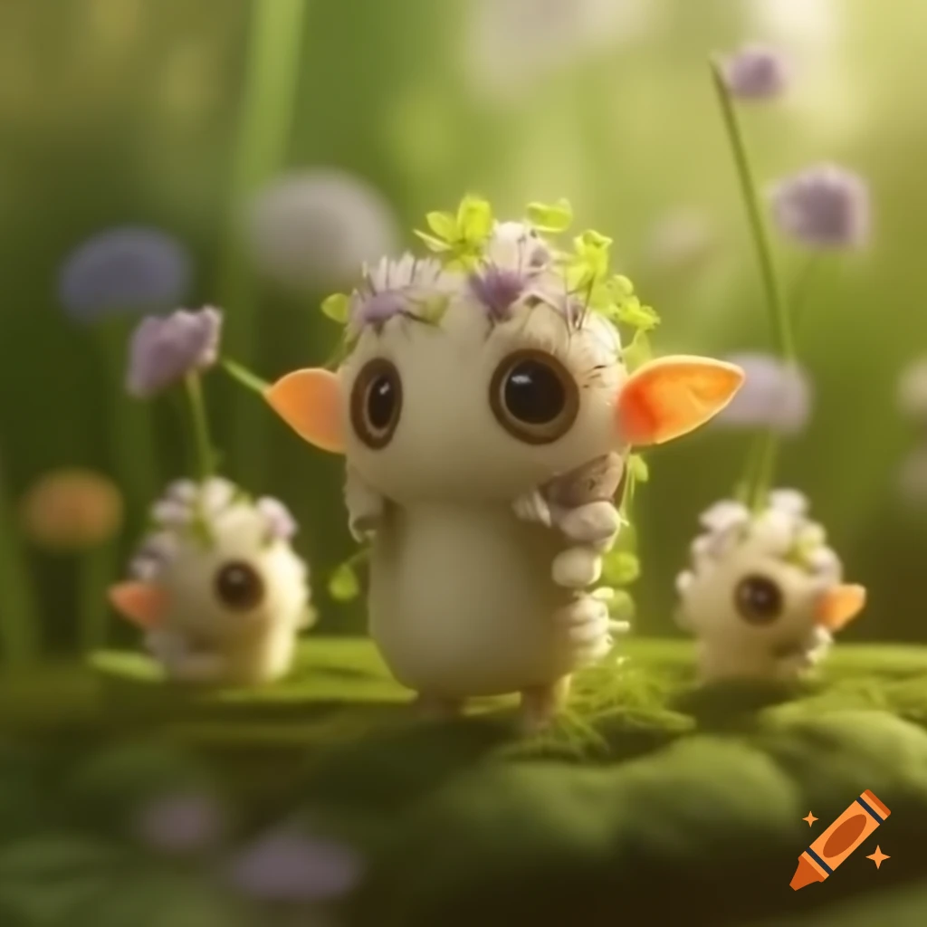 Small fantasy creatures in a vibrant flower garden