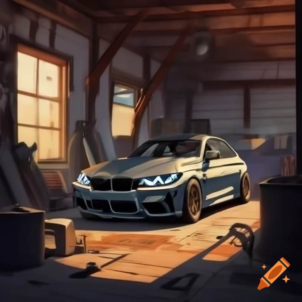 Studio Ghibli-style scene of 2022 BMW M3 in rustic barn mechanic shop
