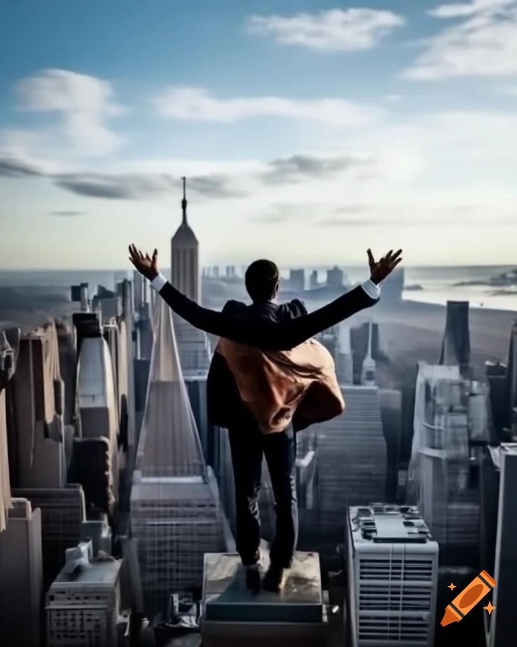 Man in suit celebrating success while overlooking city from skyscraper