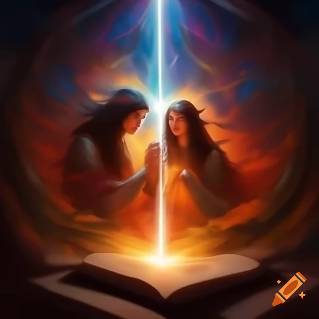 Two people in mystical setting with radiant heart glow illuminating the scene