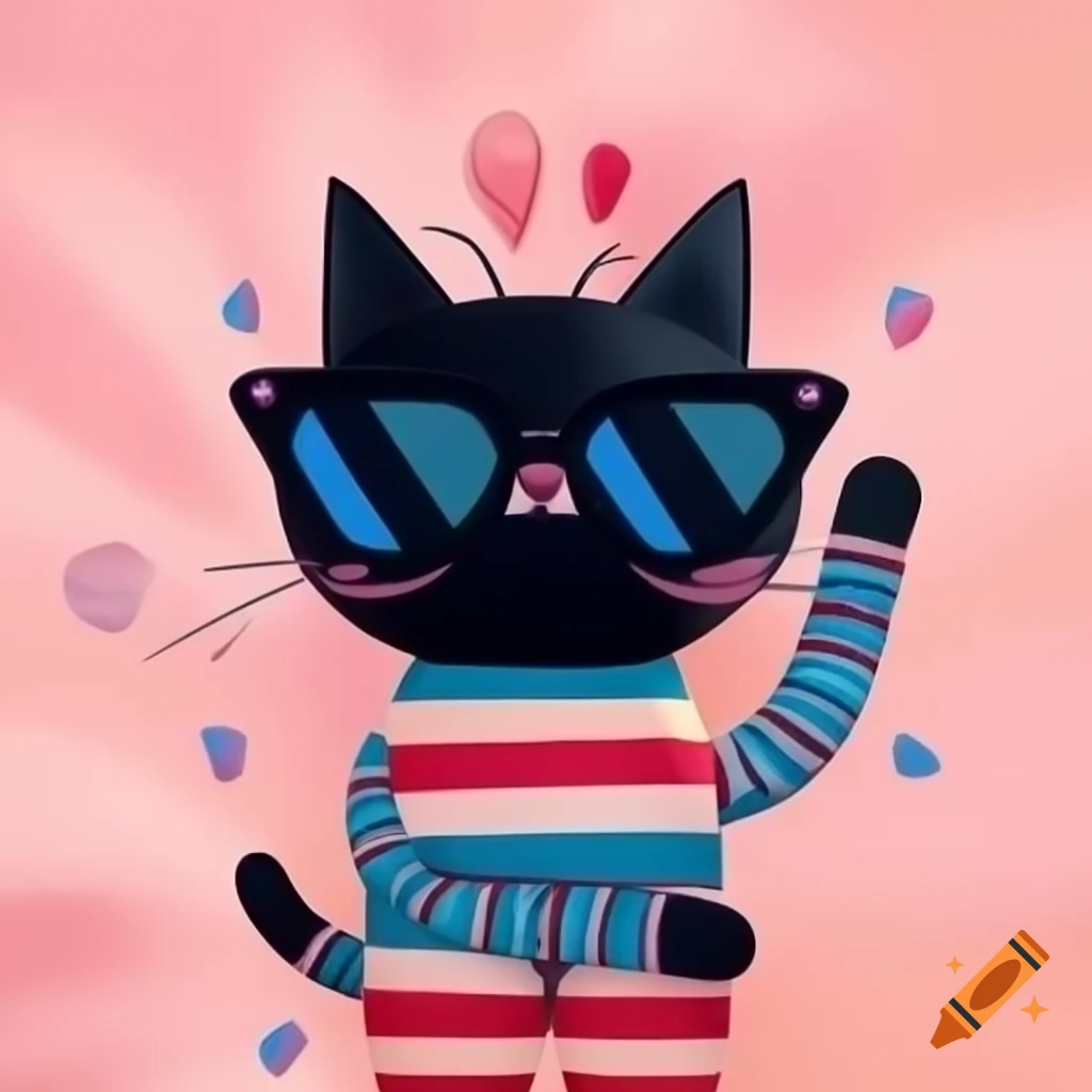 Cartoon art of black cat with pajama stripes and sunglasses