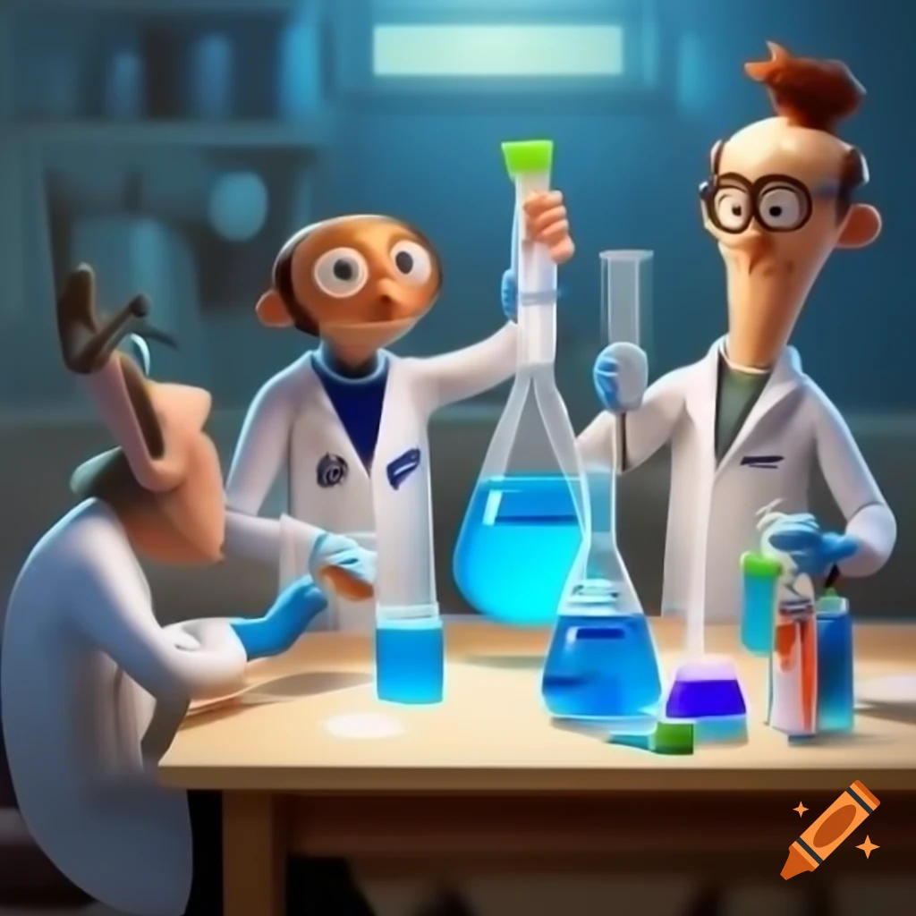Pixar-style illustration of three scientists with colorful beakers