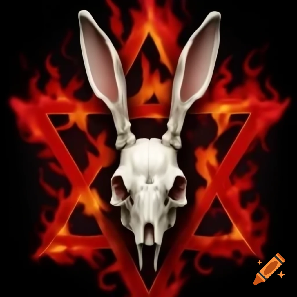 Red rabbit skull with pentagrams and flames on black background