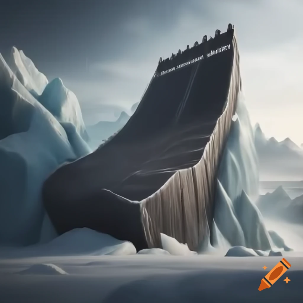 Colossal iron wall in icy landscape