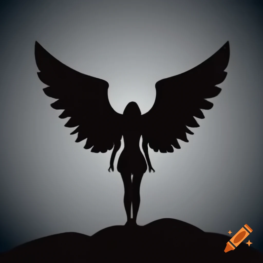 Silhouette of female angel with raised wings in a minimalist Viking style