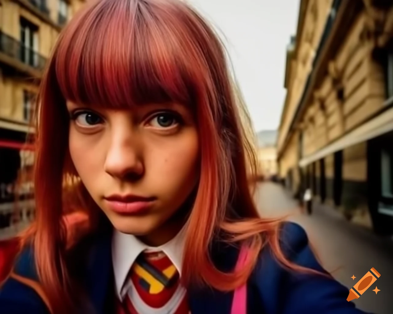 Hyper-realistic selfie of Monika from Doki Doki Literature Club in Paris with detailed facial features