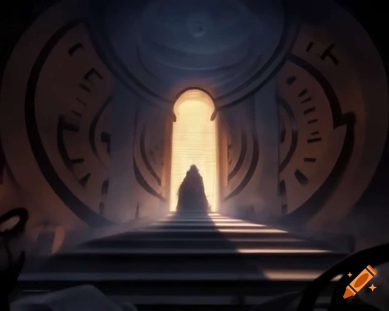 Shadowy figure in ancient library with glowing runes