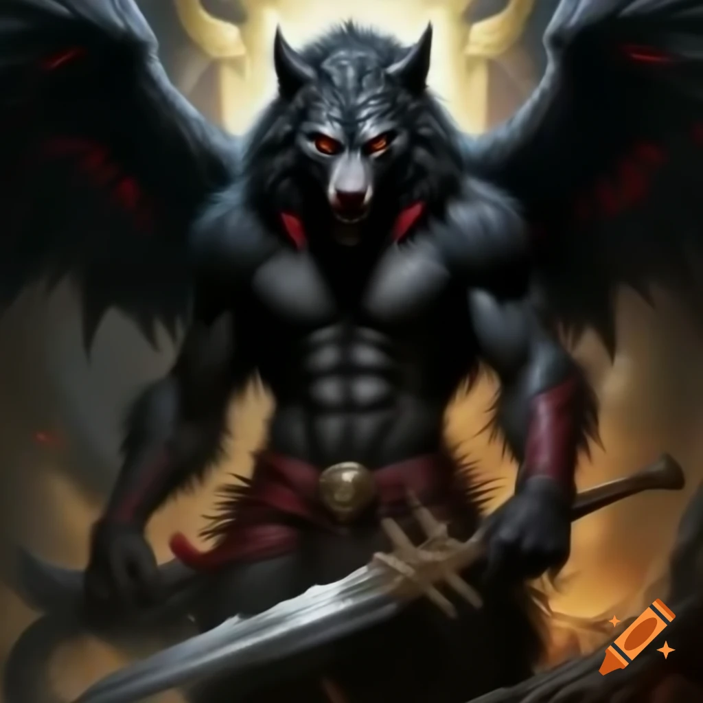 Black Werewolf With Red Stripes And Angel Wings Holding A Greatsword black-werewolf-with-red-stripes-and-angel-wings-holding-a-greatsword