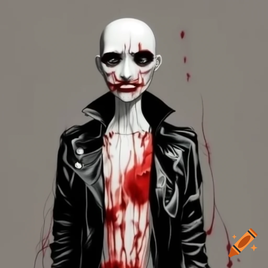 Comic book style eerie mannequin with cracked porcelain and leather jacket