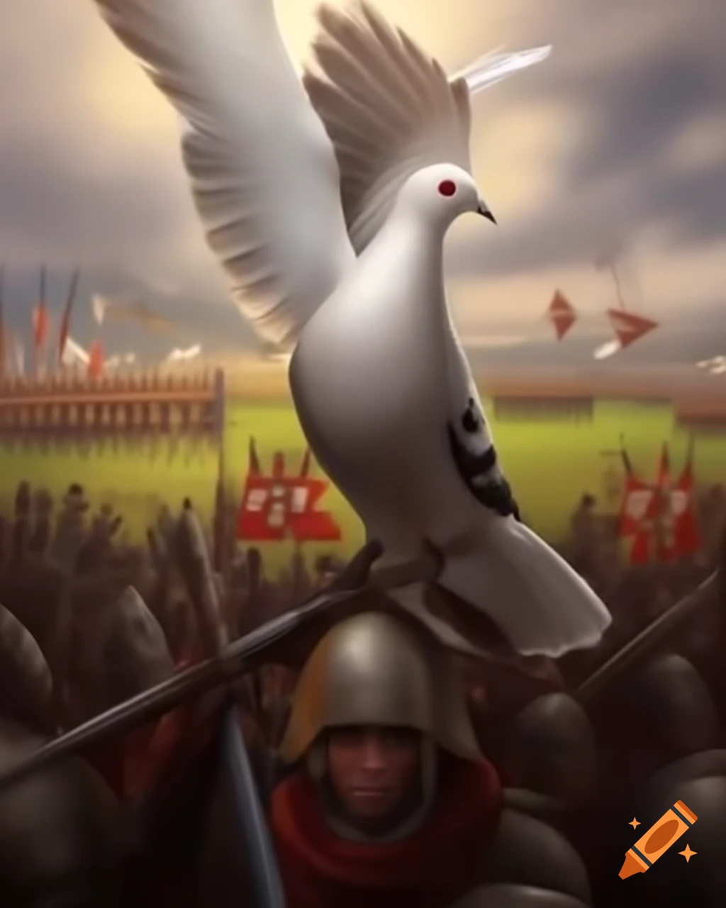 White dove flying over a battlefield