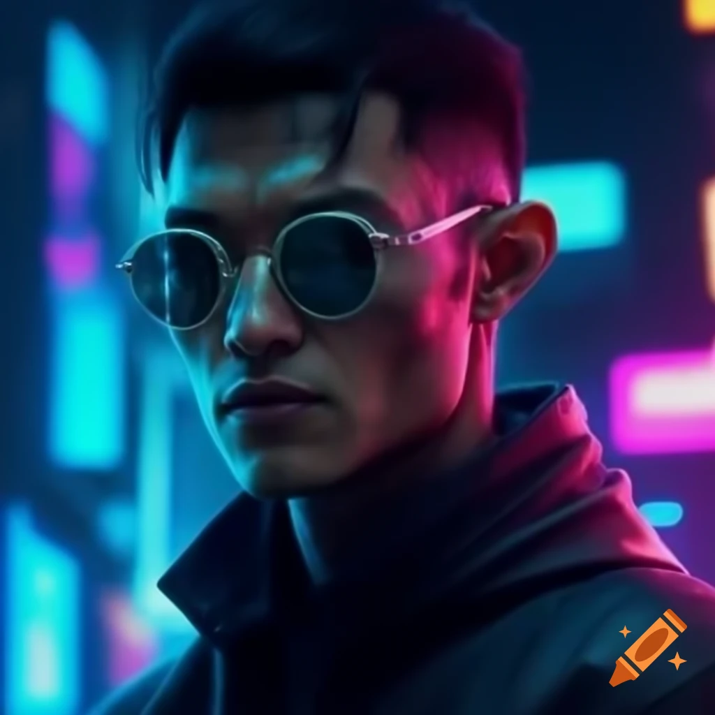 Futuristic male avatar with sunglasses against neon background