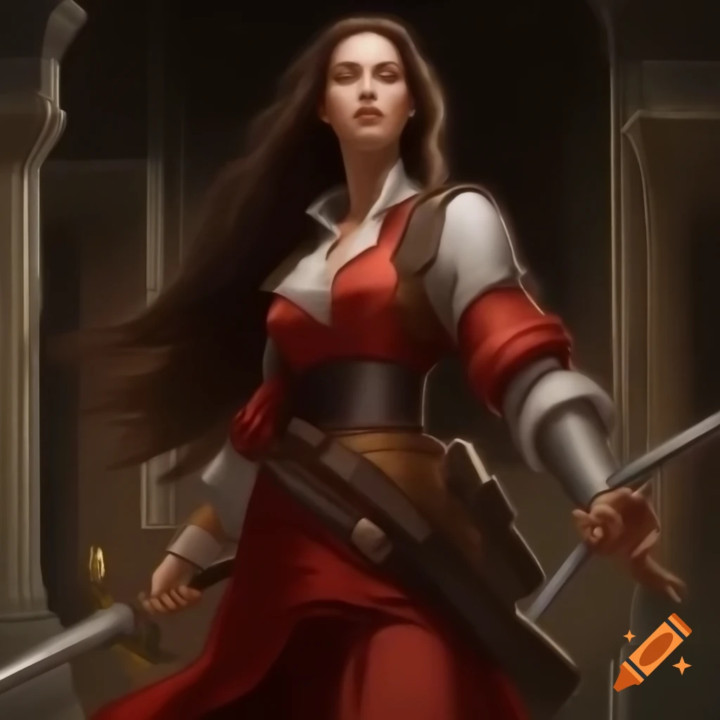 Female character with weapons in red clothing, renaissance palace setting