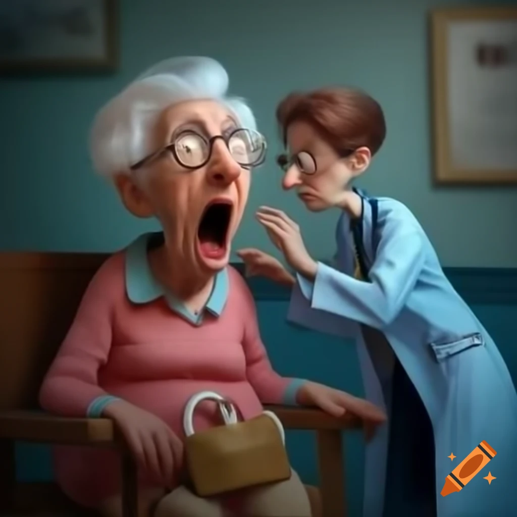 Old woman confronting doctor with handbag