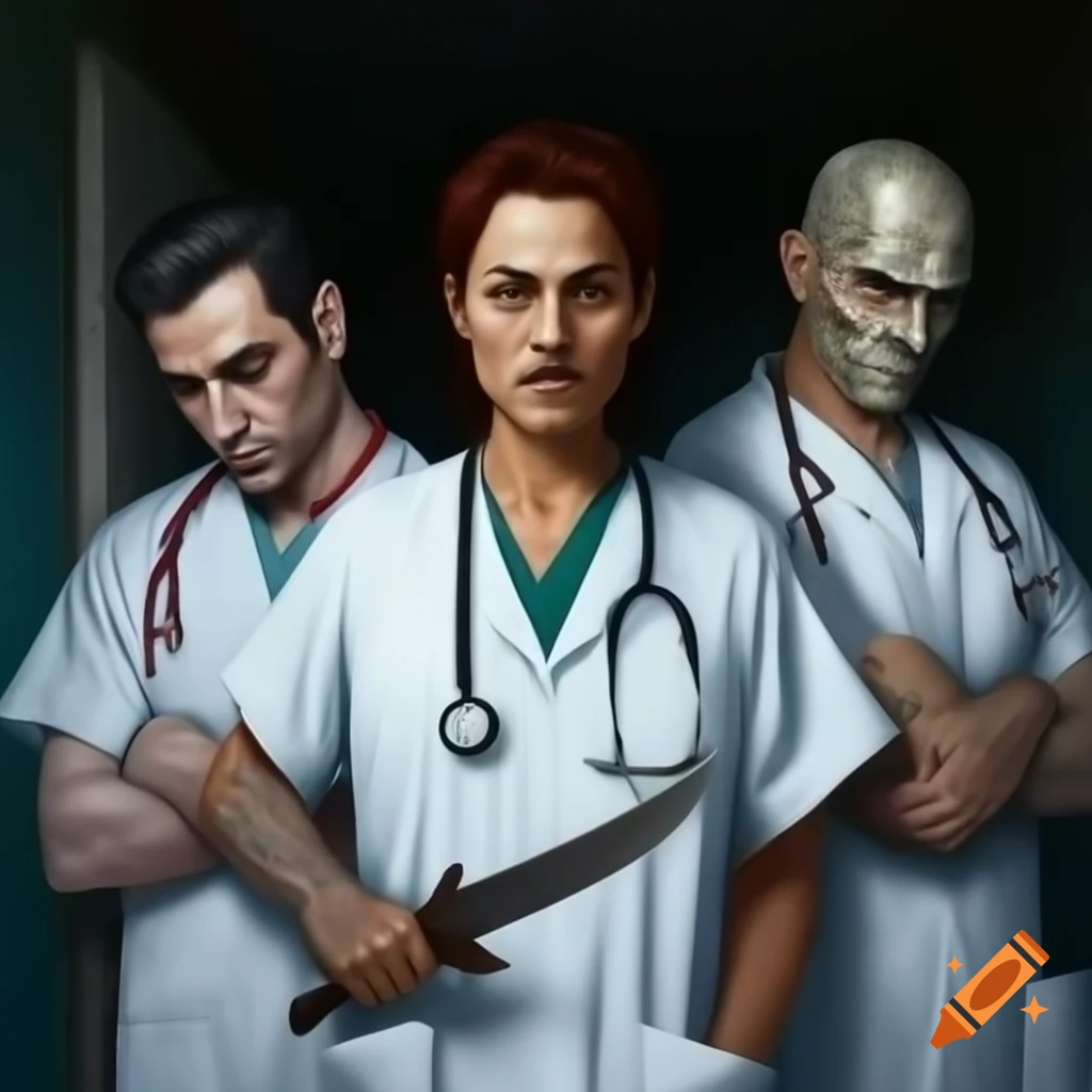 Doctors with tattoos and machete, serious expressions, wearing stethoscopes