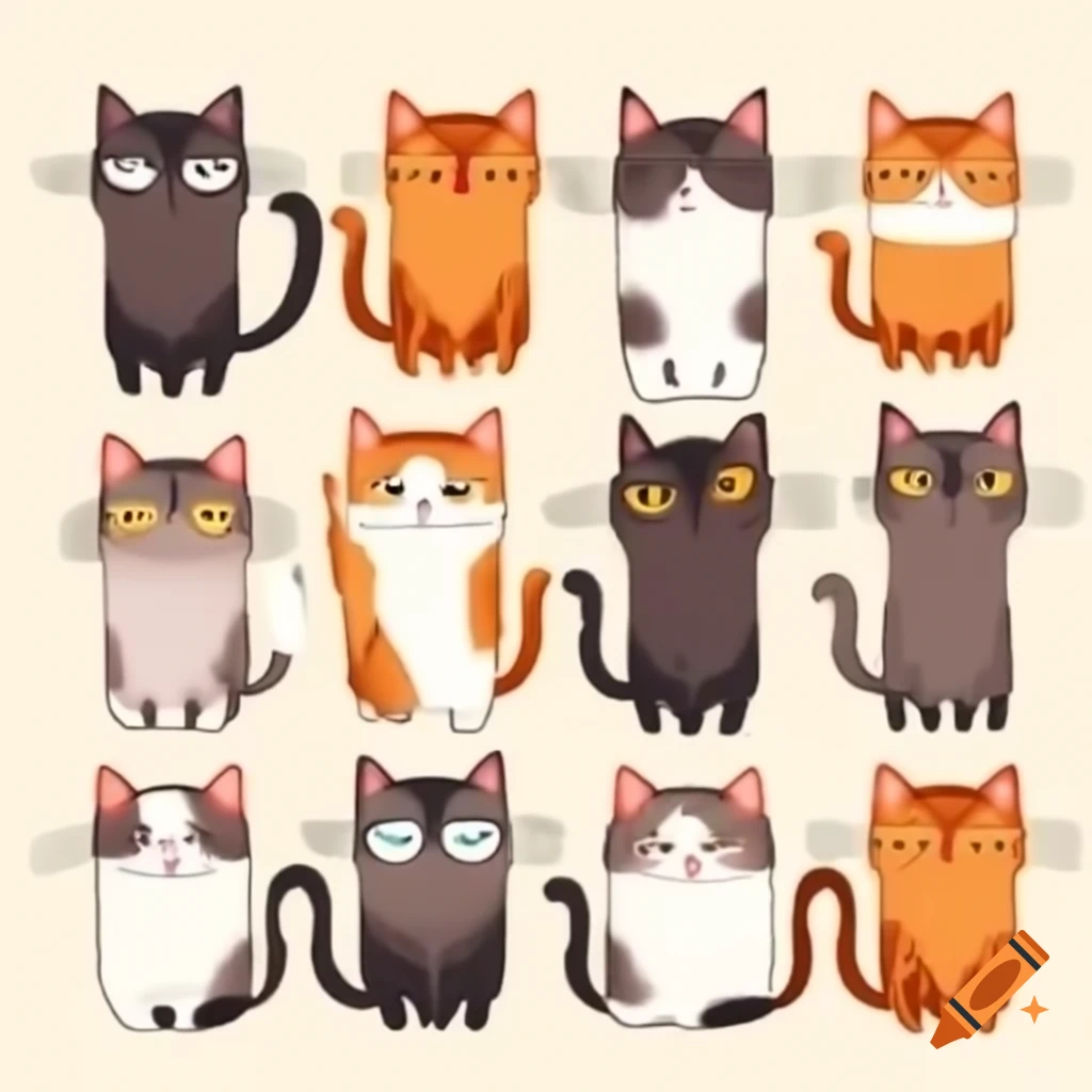 Cartoon of ten different cats standing together