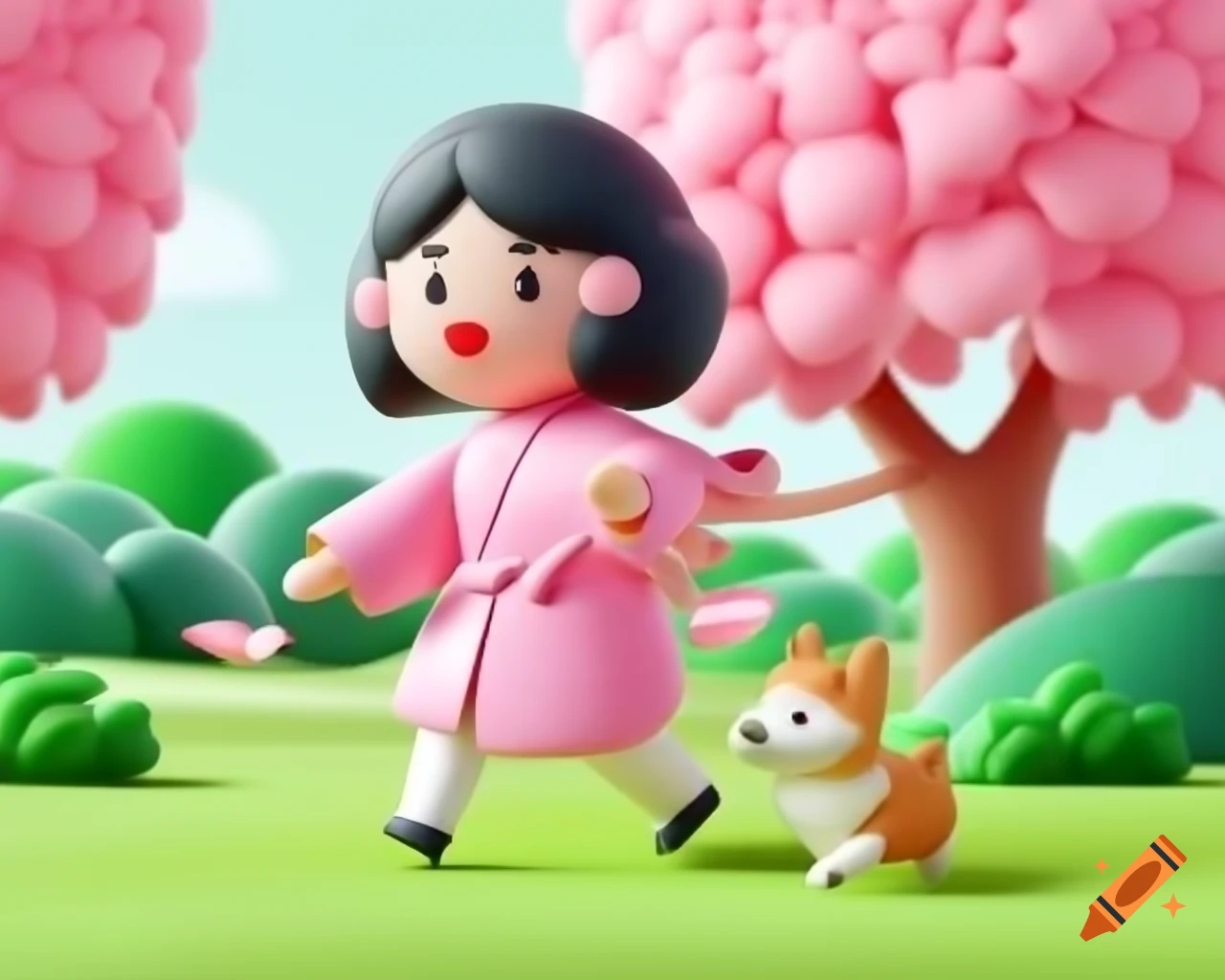 Woman in pink kimono walking corgi in colorful park with falling pink leaves