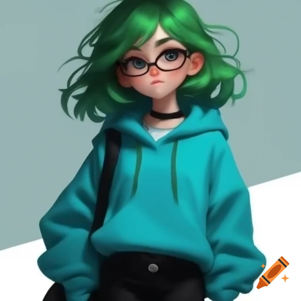 Young woman with green hair and black glasses wearing cyan hoodie and turquoise skirt