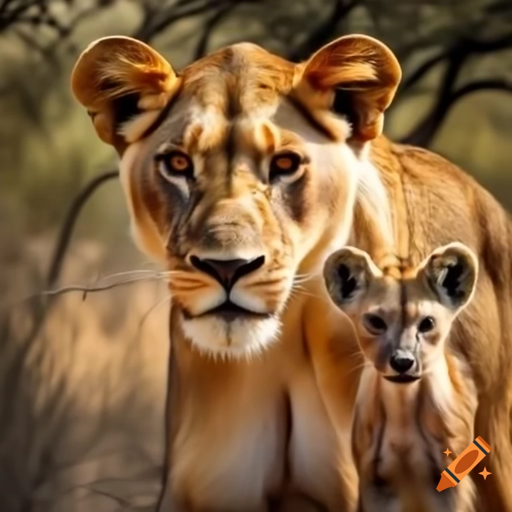 Lioness in front with hyena behind