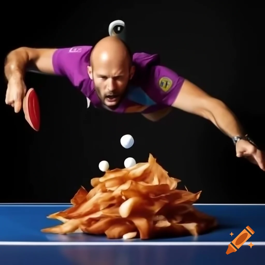 Jason Statham playfully jumping on crispy bacon while playing table tennis