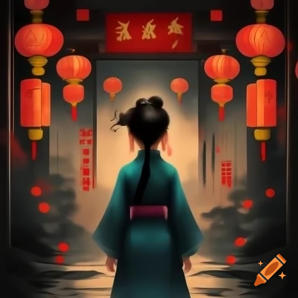 Girl in Chinese dress with lanterns and traditional background