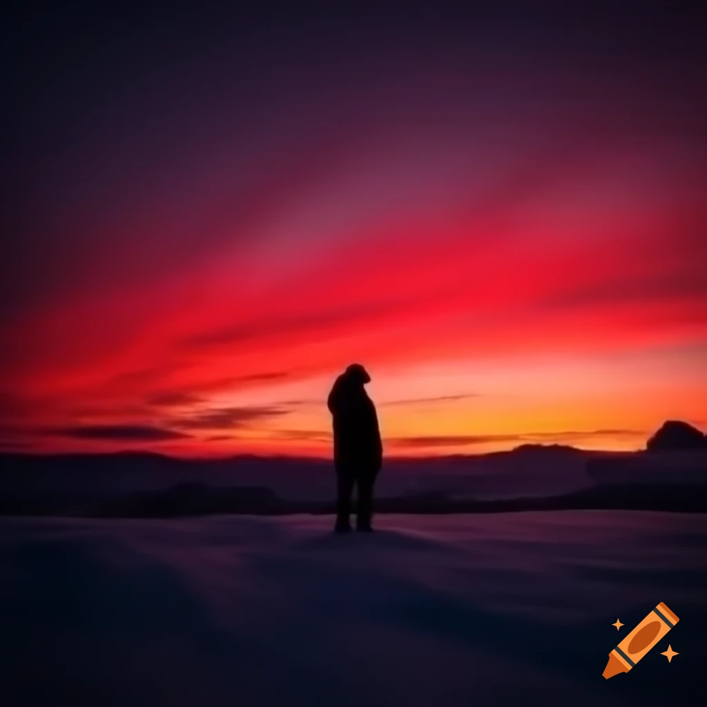 Silhouette of girl admiring winter sunset in Norwegian landscape with scarlet hues