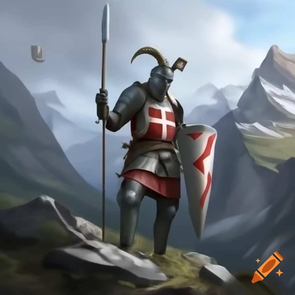Swedish knight armor with hooked spear near mountain goats on alpine cliffs