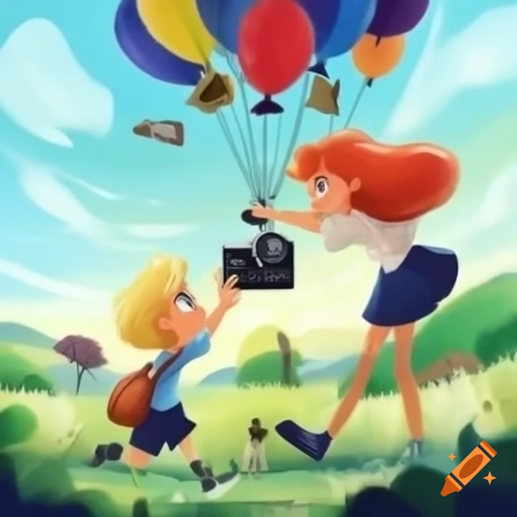 Blonde male and redhead female youth releasing balloons with a film camera