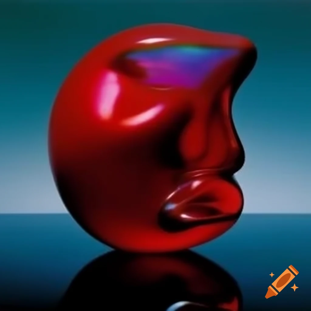 Iridescent red glass statue in pop surreal 2000's photography style