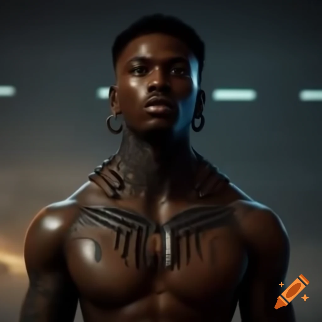 Photorealistic futuristic African male rebel with tattoos