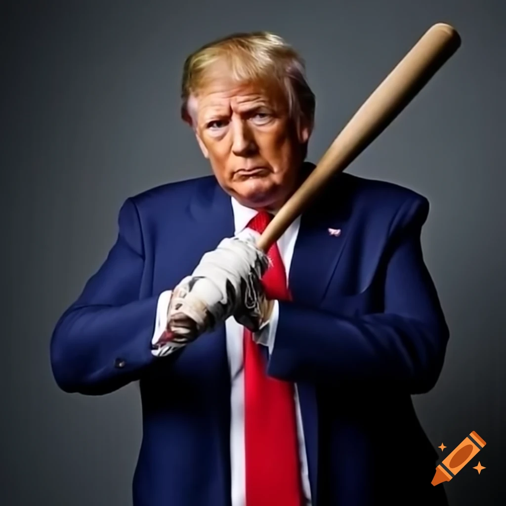 Donald Trump in navy suit swinging baseball bat