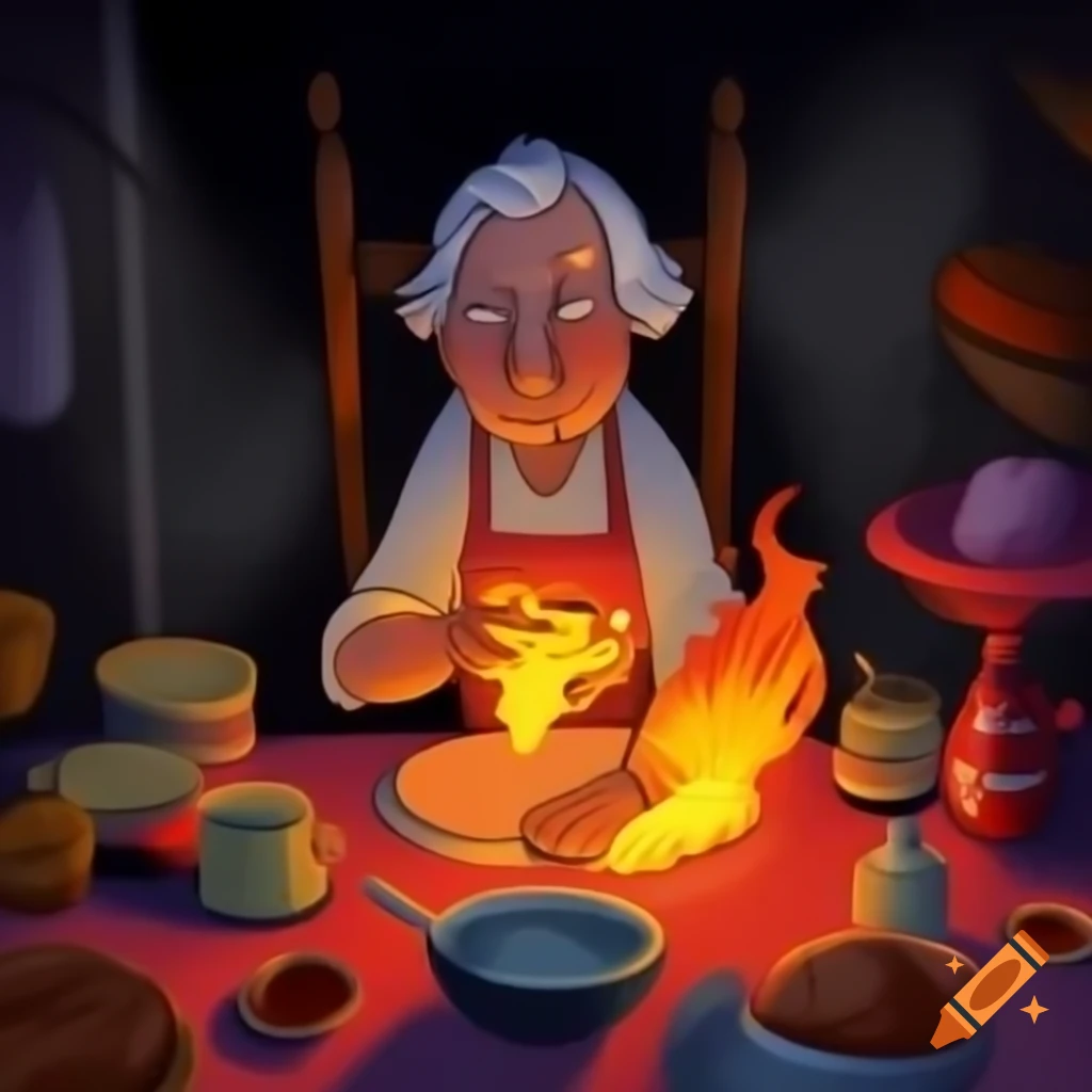 Old lady playfully persuading fire demon to make breakfast