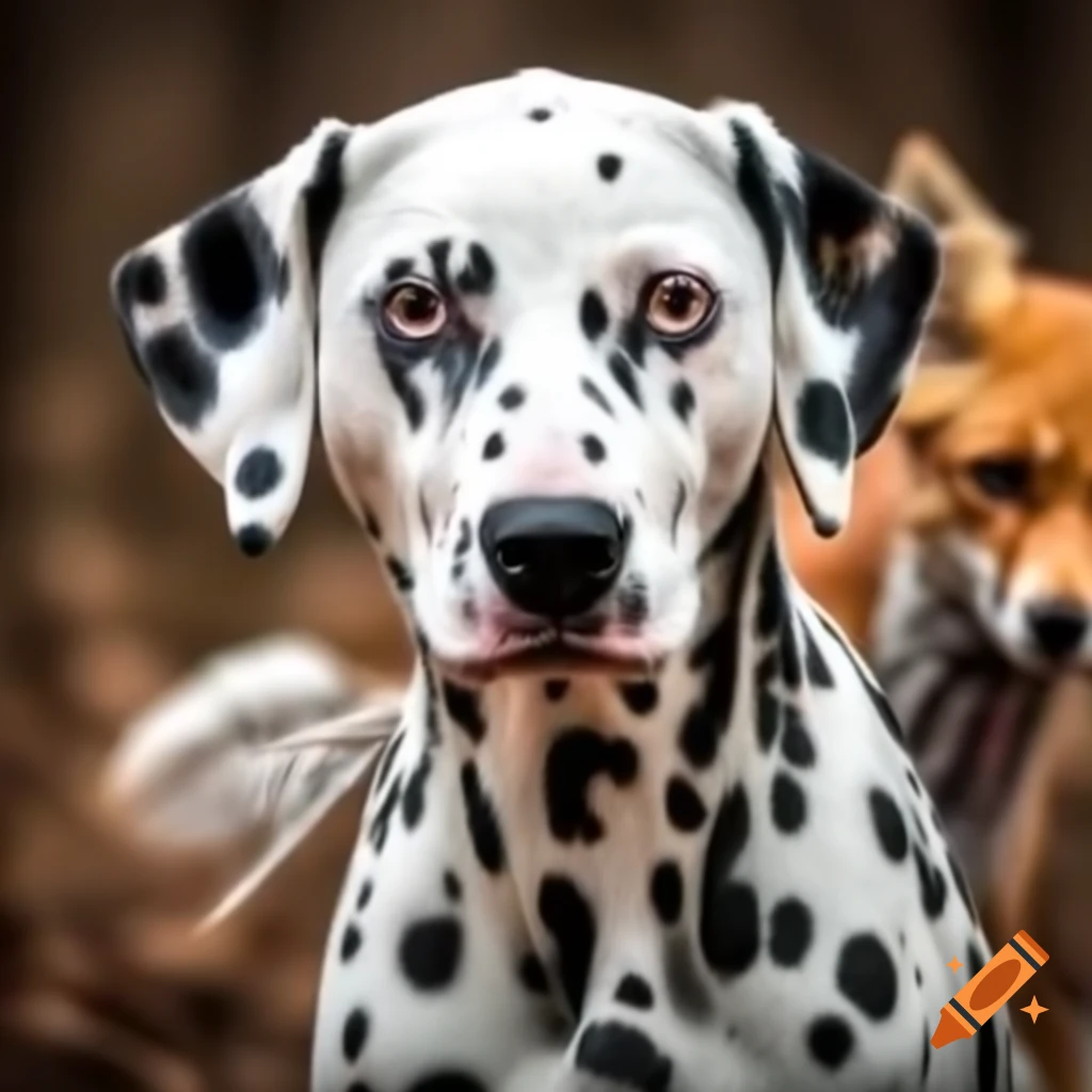 Dalmatian with patch over eye playing with smaller fox-type dog