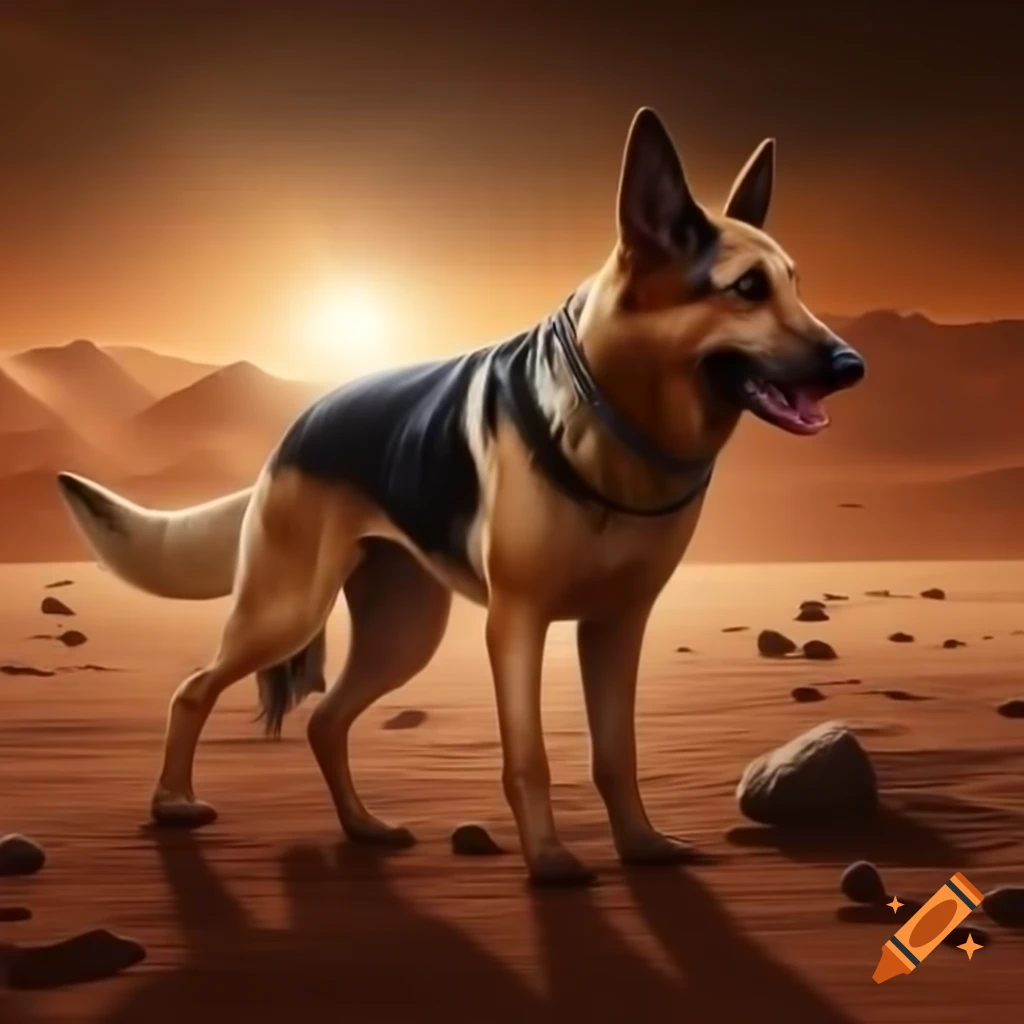 German shepherd on Mars in the style of Arno Breker