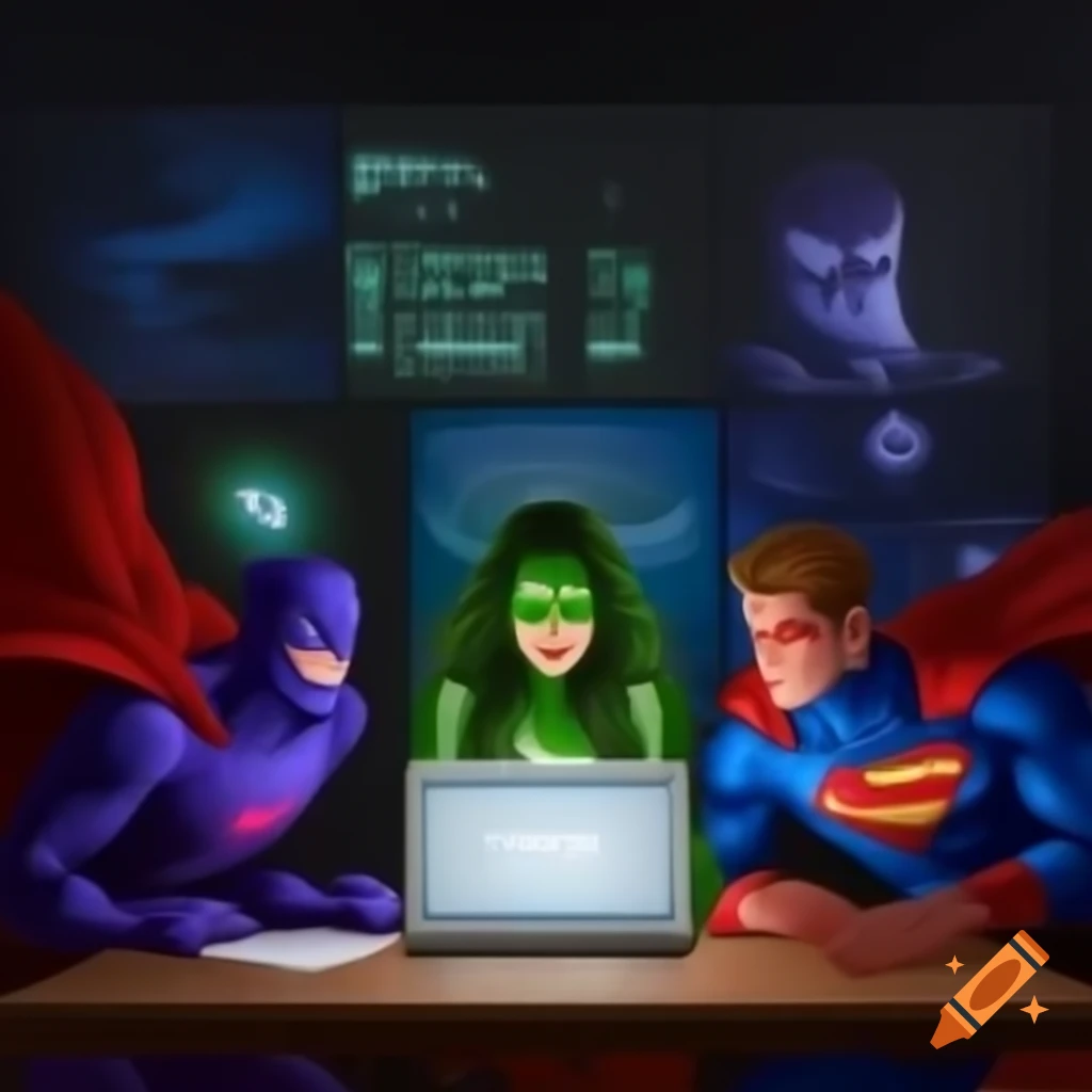 Superheroes brainstorming around a table with laptop and papers containing codes