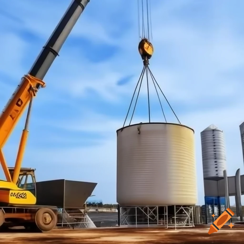 Crane lifting cement silo in plant during dismantling process