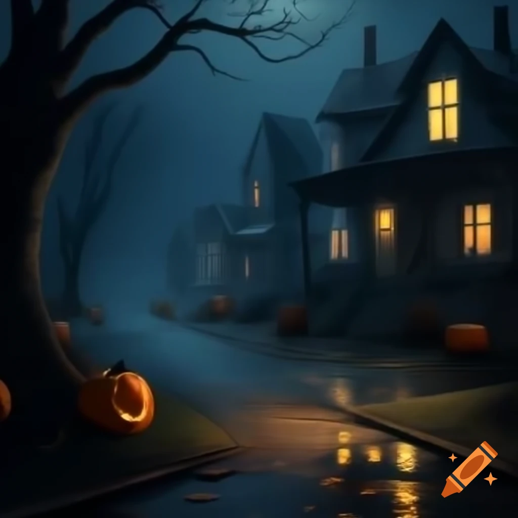 Eerie foggy Halloween night in suburban street with old house and scattered pumpkins