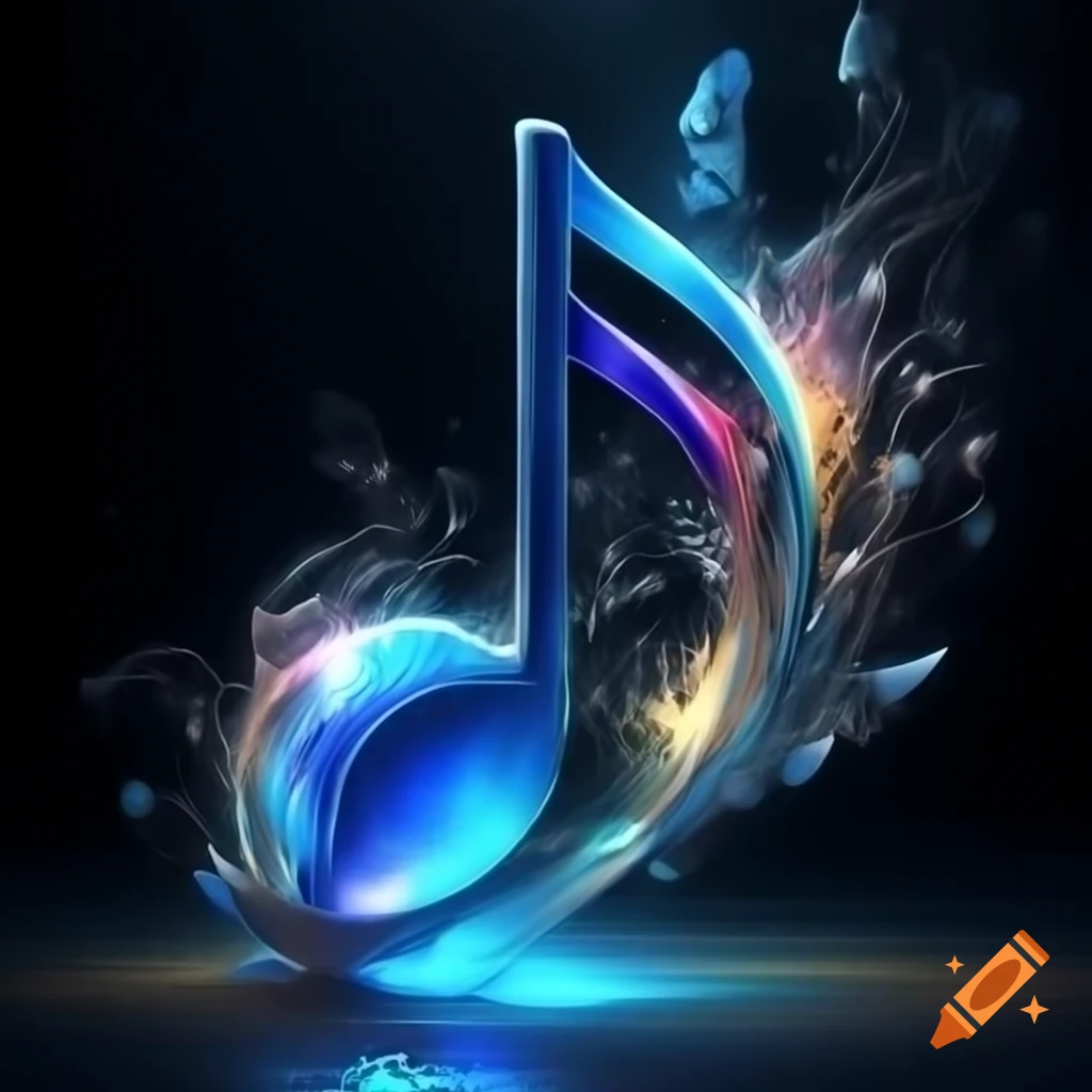 Shimmering silver musical note fading into deep blue with crystalline neck and golden swirling lines