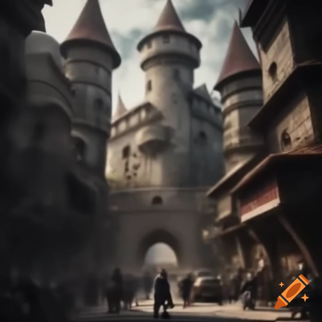 Isolated medieval city with towering stone buildings and ancient walls
