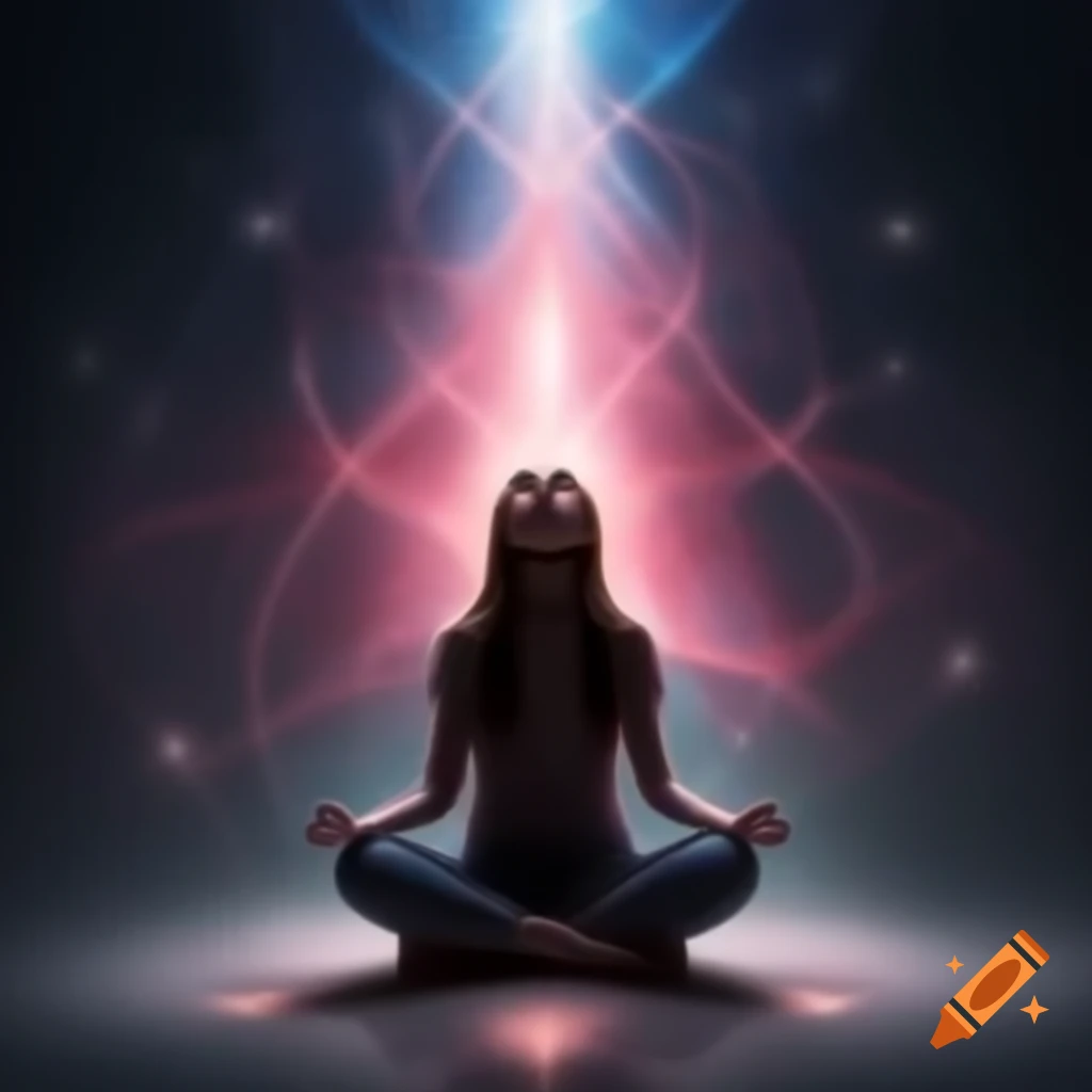 Person meditating in soft glowing light with abstract patterns