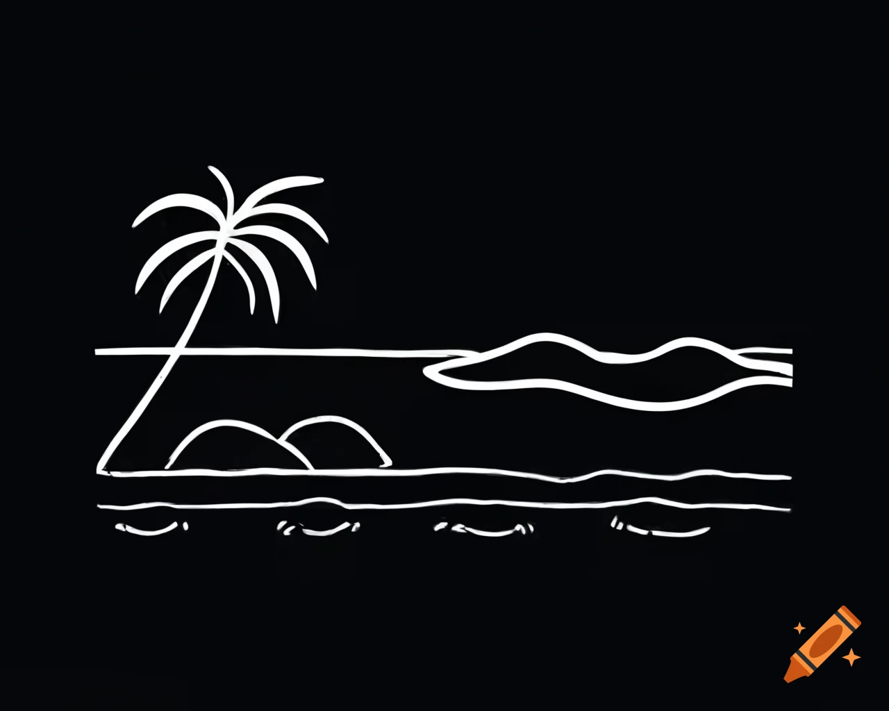 Minimalist drawing of shore outline and palm tree at night on black background