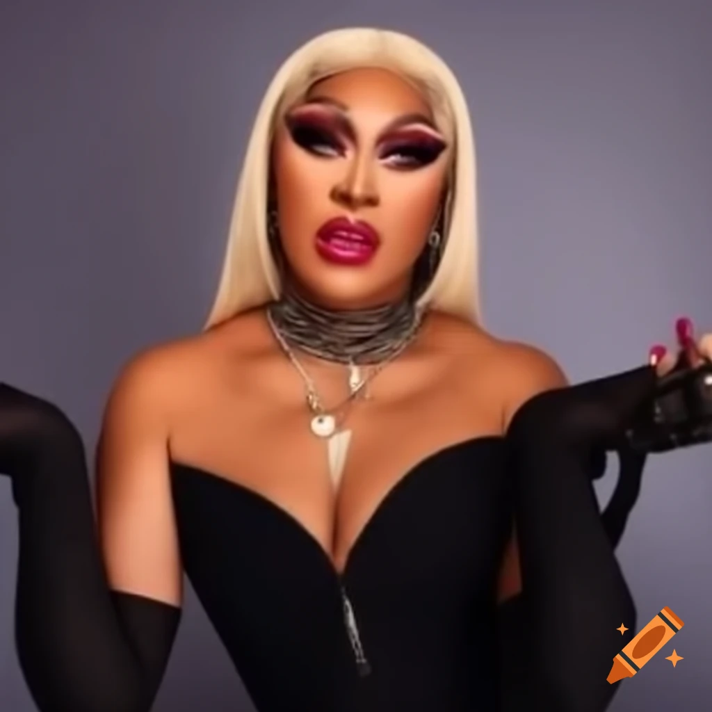 High fashion queen Stella Star in black dress with chains and blonde hair
