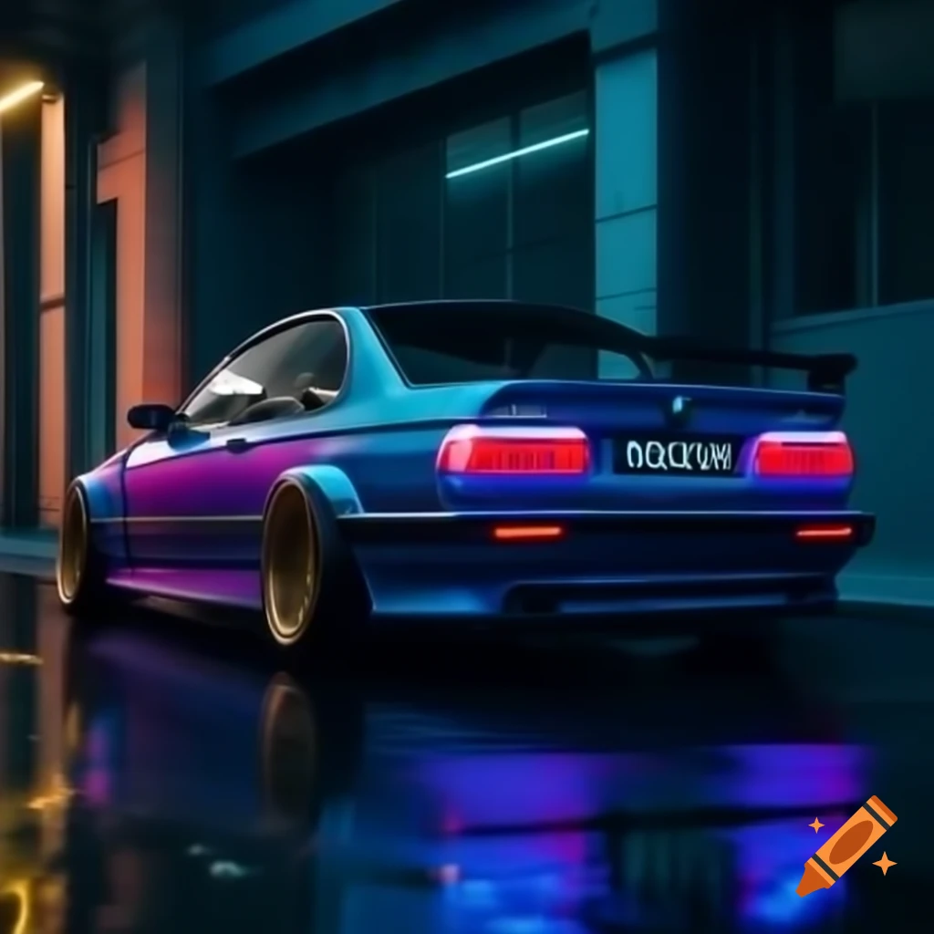 Cyberpunk reinterpretation of the classic BMW E36 with neon color palette