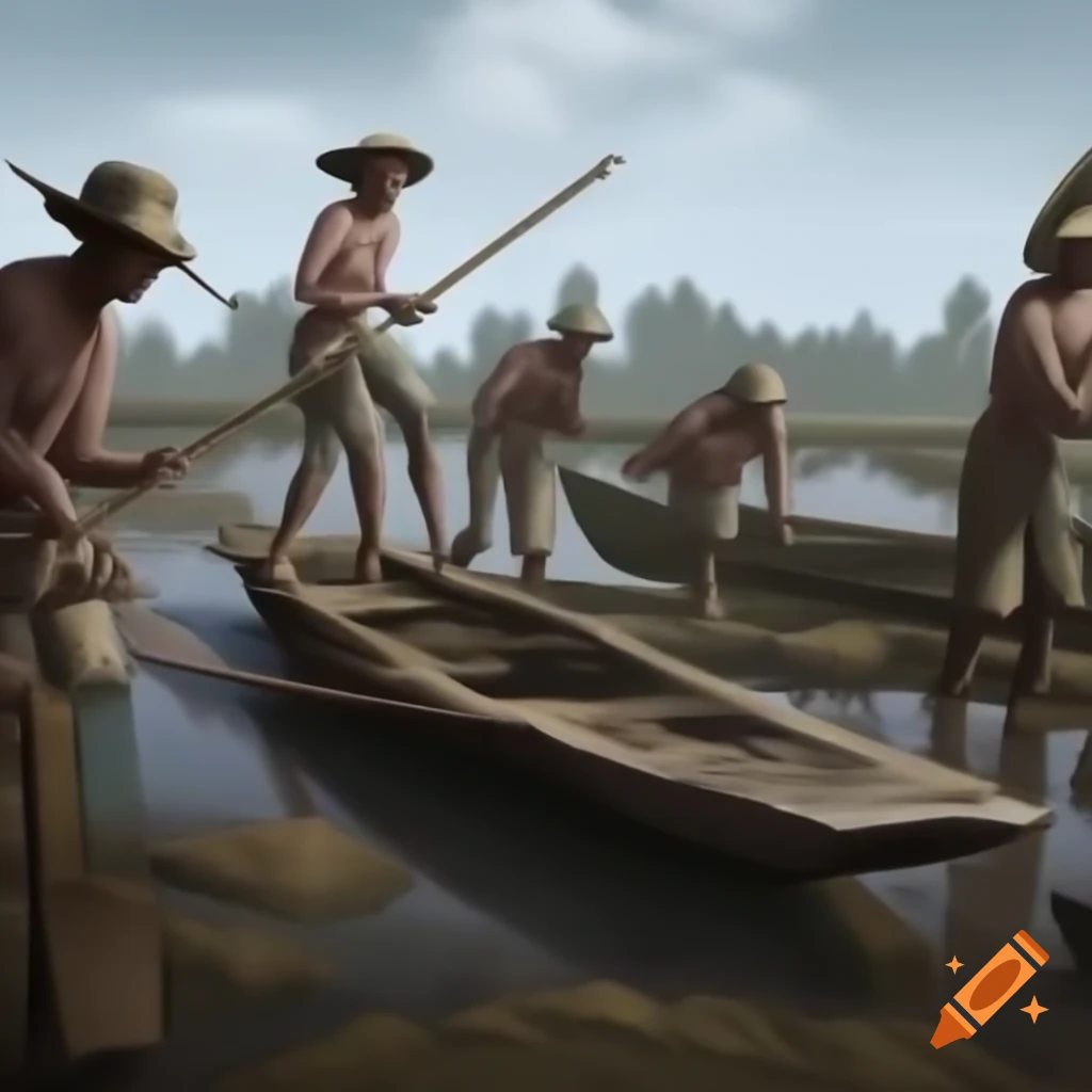 People working on boats in a dead swamp with bare trees