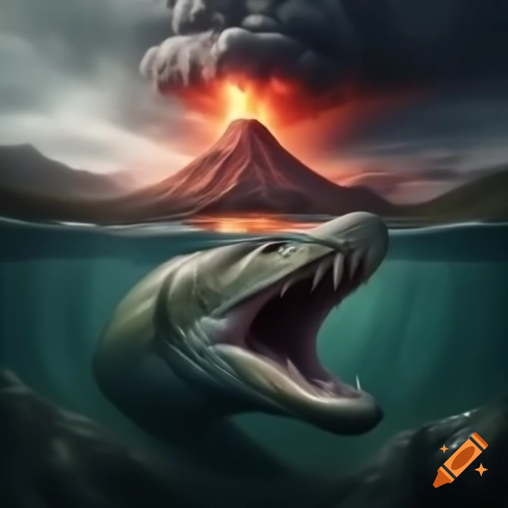 Scary lake with large eel and erupting volcano in background