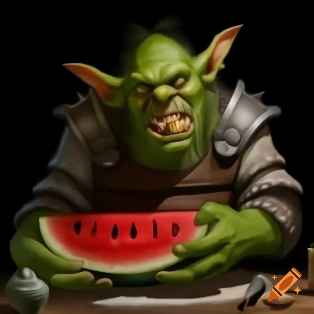 Orc, goblin, and gnome messily eating watermelon with red juice splattering