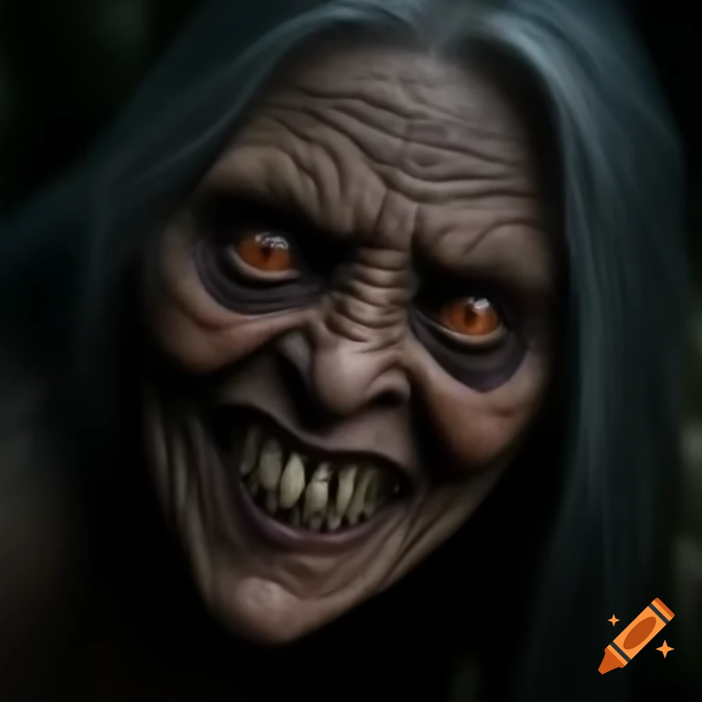 Demonic hag with olive skin and wild grey hair in dark atmosphere